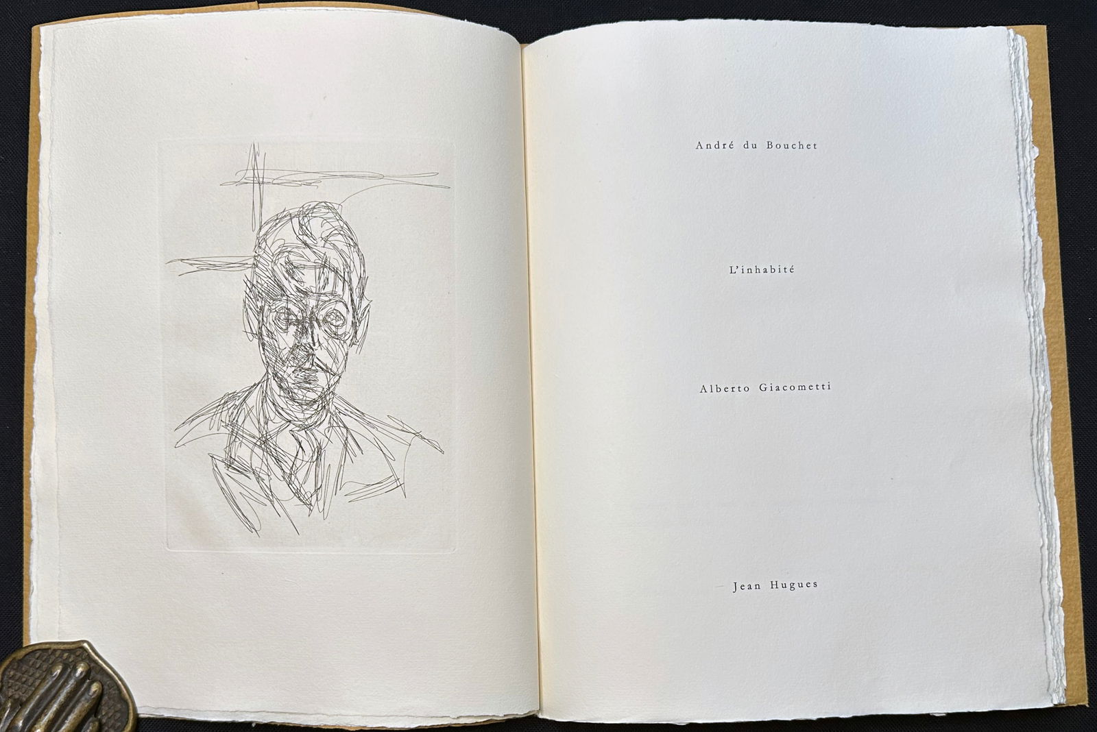 Giacometti, Alberto; du Bouchet, André. L'Inhabité. With 6 etchings by Giacometti. 1965.: Jean Hugues, Paris, 1965. L'Inhabité by André du Bouchet, illustrated with six etchings by Alberto Giacometti. One of 150 numbered copies on papier d'auvergne des Moulins Richard de Bas. Printed at