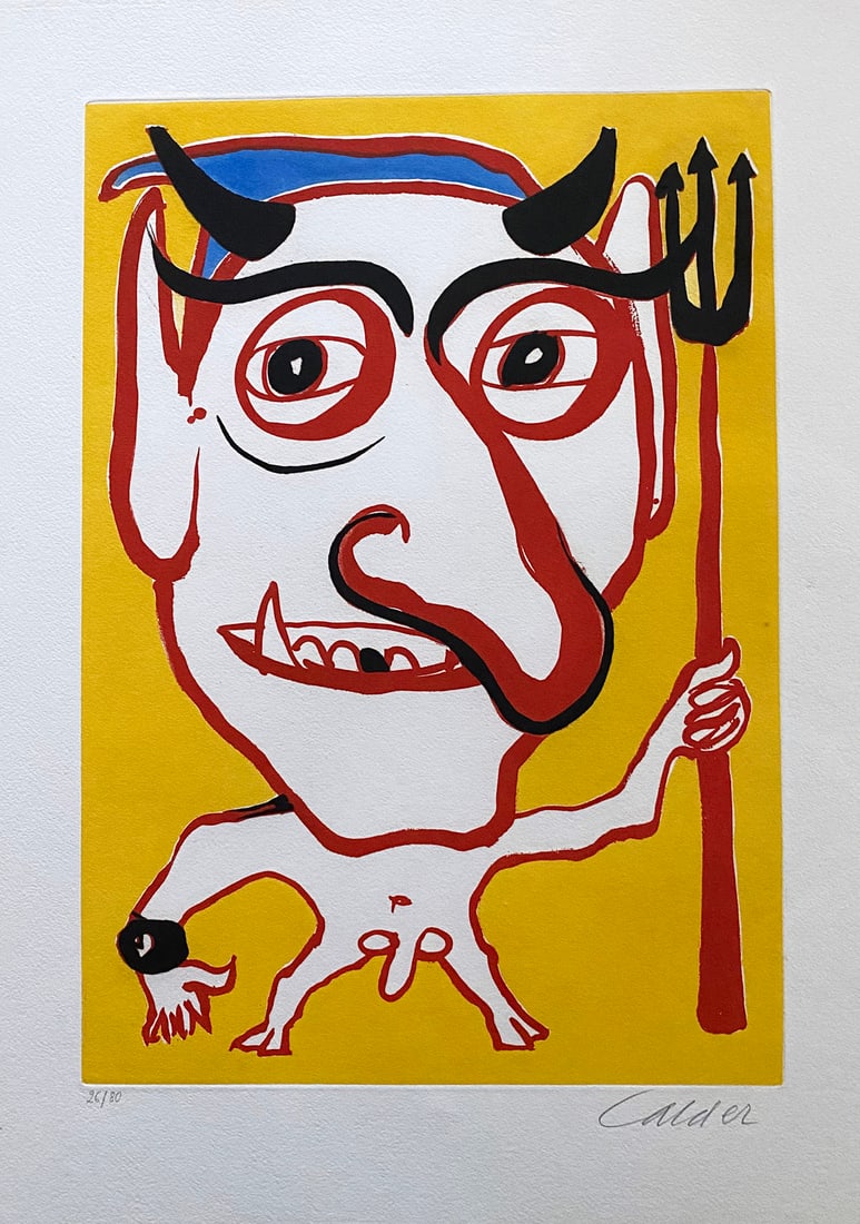 Calder. The Devil. Signed and numbered etching: The Devil (CONSTANTIN TACOU PORTRAIT) Alexander Calder etching and aquatint in colors, printed on Moulin Richard de Bas paper. Edition limted on 80 copies signed in pencil by the artist on the low mar