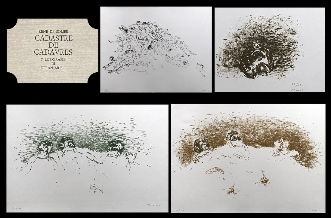 Zoran Music. Cadastres de Cadavres. 7 signed lithographs by Zoran Music, 1974.: Cerastico Editore Milano, 1974. Text by Rene De Sorlier, Illustrated with 7 original lithographs in color by Zoran Music signed and numbered in pencil by the artist. Texts and lithographs are inspired