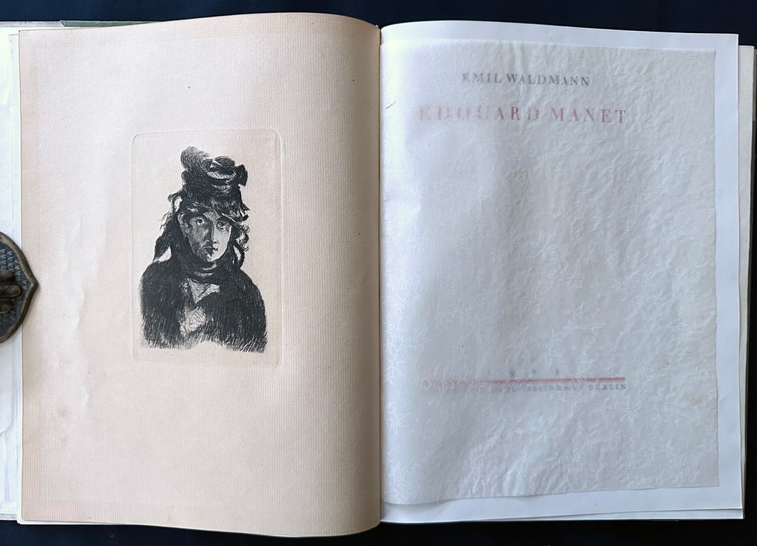 Manet by Valdemann. with two etchings + a woodcut.: Manet, Édouard. Manet by Valdemann. Theodore Duret, Emil Waldmann. Cassirer Berlin 1923. Illustrated with two etchings by Manet, Berthe Morisot and Baudelaire de Profilen Chapeau, and a woodcut in se