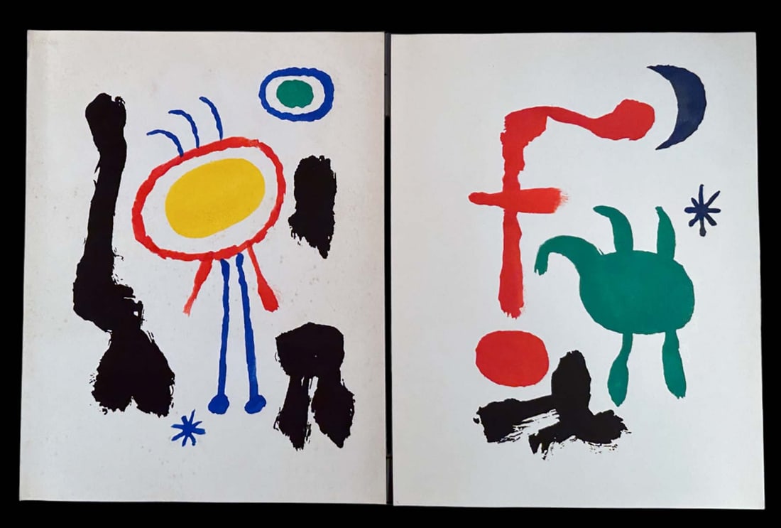 Miro, Joan. The prints of Joan Miro. With 2 pochoirs in color + 40 prints in black/white: Michel Leiris. Published by Curt Valentin, New York, 1947. A collection of 40 prints in black and white and 2 pochoirs in color by Miro, loose as issued, assembled in red portfolio with title label, w