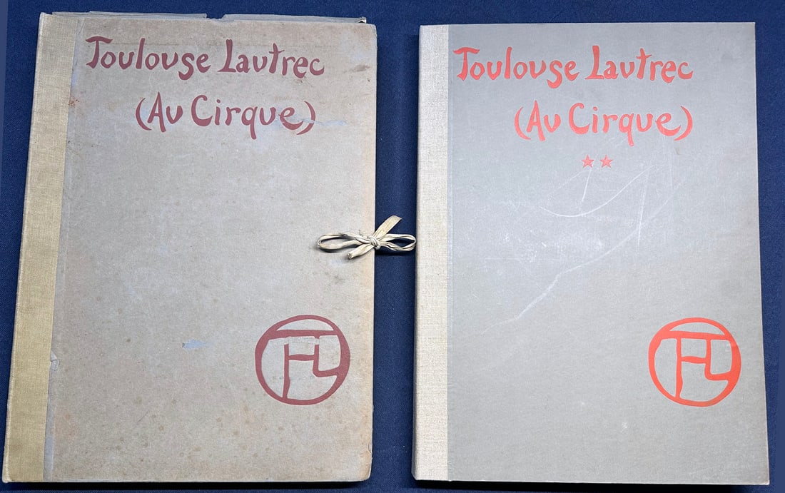 Au Cirque 1-2. Dessins by Henri de Toulouse-Lautrec. With 39 Prints: Goupil; & Librairie de France, 1905 Two volumes Limited in 200 copies. Vol.1 includes 22 lithographic plates of Lautrec drawings, each in the protective numbered folder. With title page, Justification