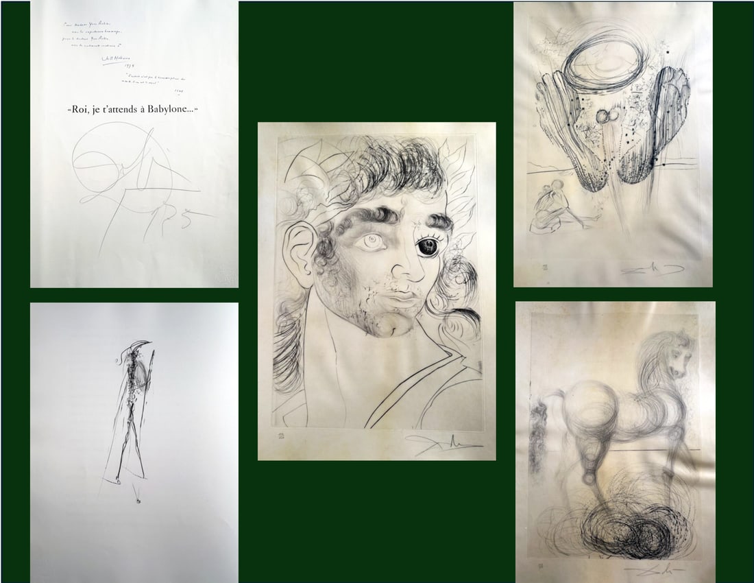 Dali. Roi, Je T'Attends a Babylone. With 14 Drypoint. Dali, Salvador: Malraux, André. Geneva: Albert Skira, 1973 First edition. One of 138 copies from a total edition of 160 copies, signed by Salvador Dali, André Malraux and Albert Skira on the justification page. The