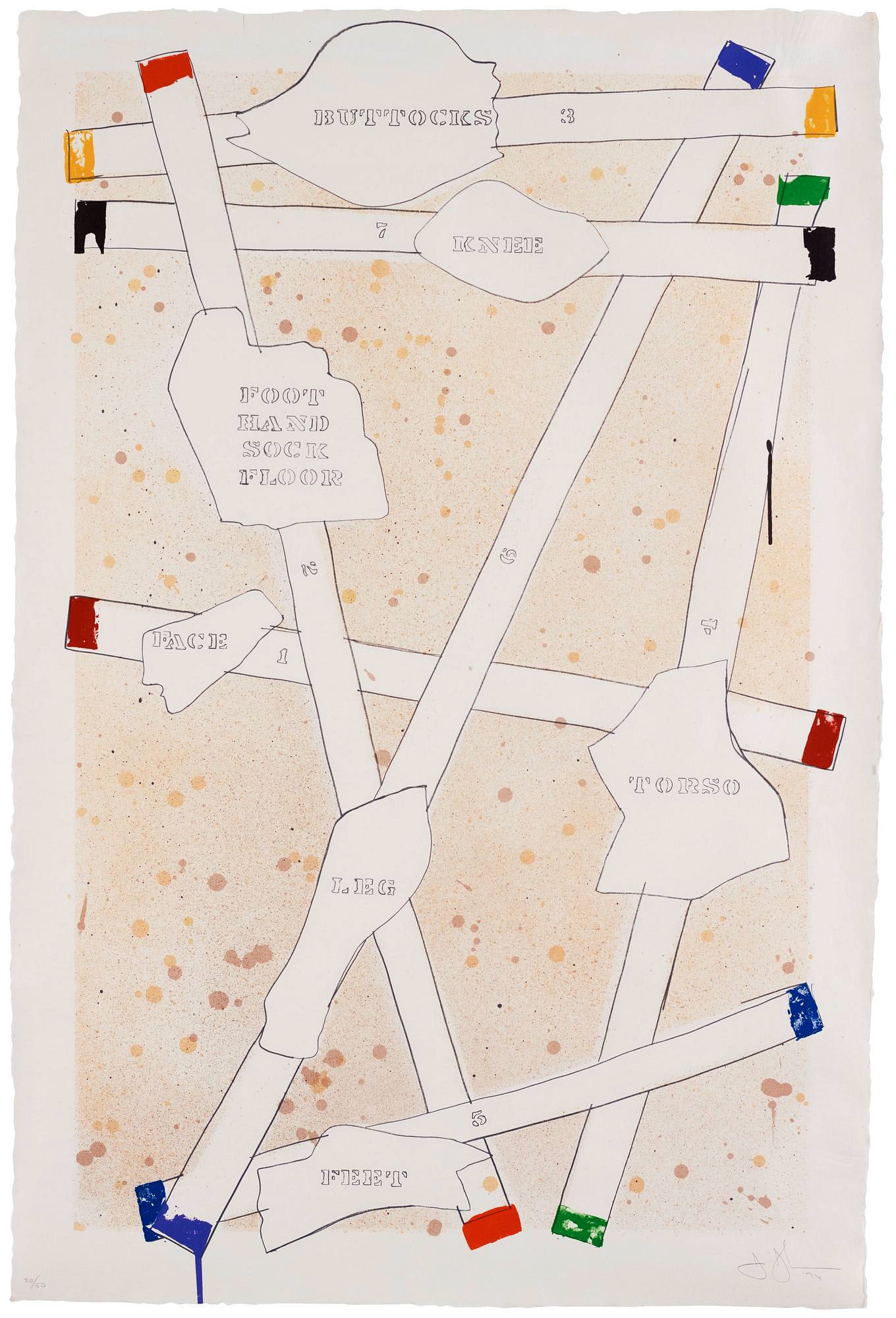 Jasper Johns, signed lithograph, 1974, one of 50 copies: Jasper Johns Sketch from Untitled I, from the series Casts from Untitled. 1974. Lithograph in colors, on Angoumois paper, signed and dated in pencil in lower right, and numbered 20/50 on lower left, (