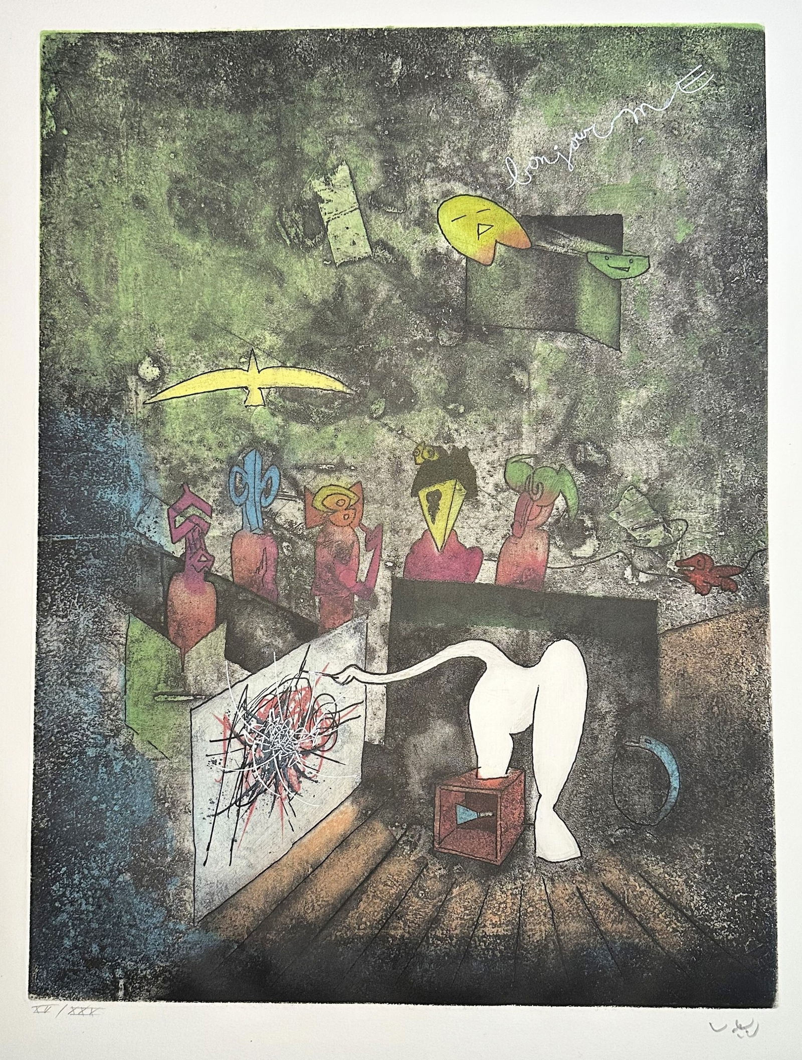 Roberto Matta. Etching. Signed.One of 30 copies. 1976.: Etching, aquatint and embossing colors on Arches. One of 30 copies in Roman numerals signed and numbered in pencil by the artist. Printed at Atelier George Visat in Paris, published by Éditions Georg