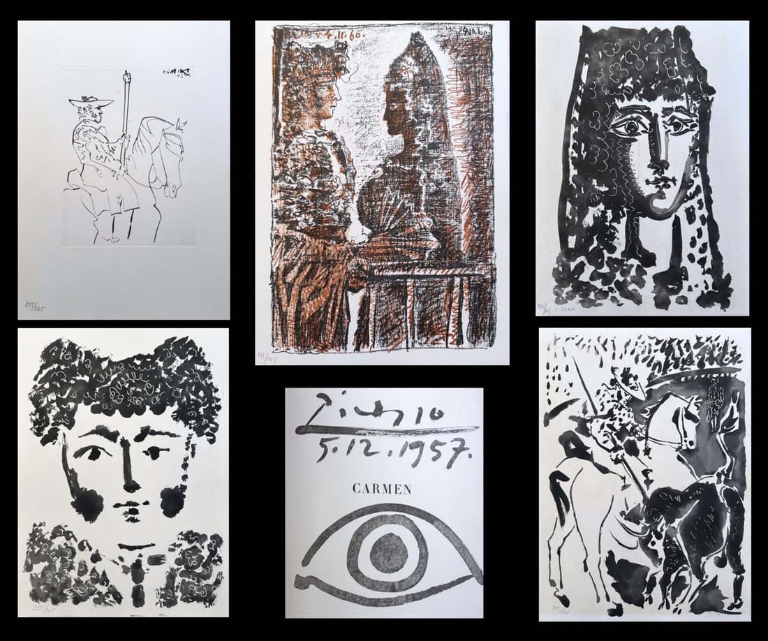 Picasso. Le Carmen des Carmen, 1949, with 3 aquatints, 1 drypoint and 1 lithograph. One of 275: Prosper Merimée and Louis Aragon. La Bibliothèque Française, Paris, 1949, Editeurs Français Réunis, Paris, 1964. Portfolio with three aquatints, one drypoint, and one lithograph in colours, by