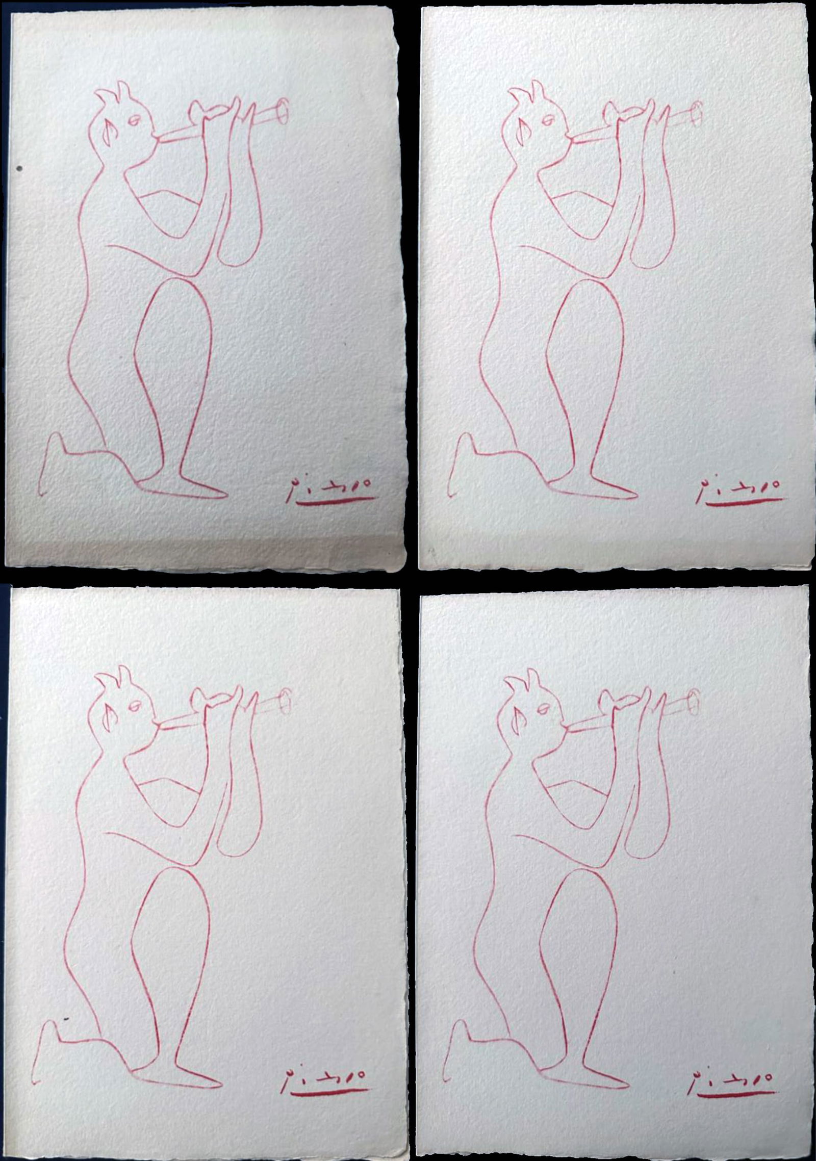Picasso Femme et Faunes. Four Presentation Cards: Four presentation folding cards from the Femme et Faunes Picasso portfolio, printed on Moulin de Richard de Bas paper. The front of each card features a red lithographic reproduction, in reduced