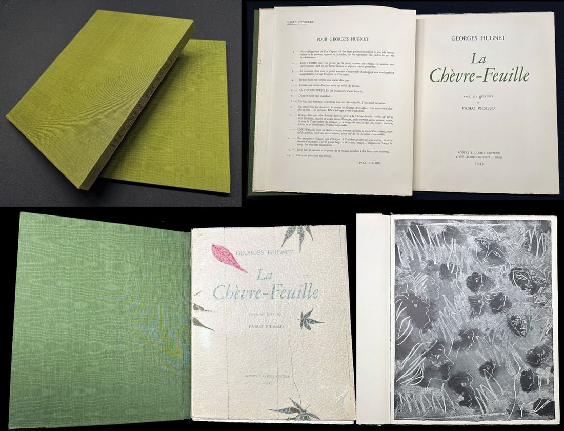 Picasso, Hugnet. La Chevre-Feuille. With 6 zincography's by Picasso.: Paris: Robert-J. Godet, 1943. First and limited edition, one of 500 numbered copies on Lafuma paper (534 total). 4to. Illustrated with six zincograph plates by Picasso. Publisher’s stiff printed