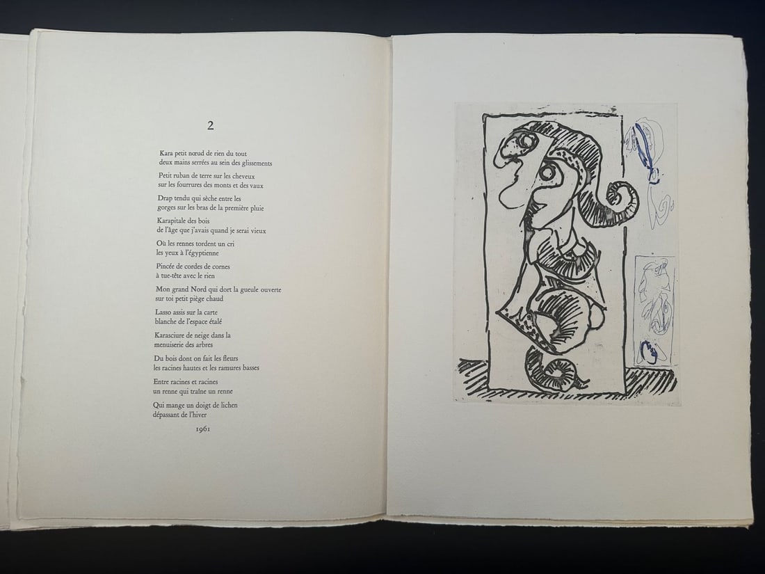 Paroles peintes II. With 15 original prints by da Silva, Giacometti, Arp, Lam, Baj,and others.: Paris: Éditions O. Lazar-Vernet / Lacourière et Robbe, 1965. Loose as issued in paper wrappers, chemise, and slipcase. One of 150 copies on Johannot paper from a total edition of 235. Includes 15 or