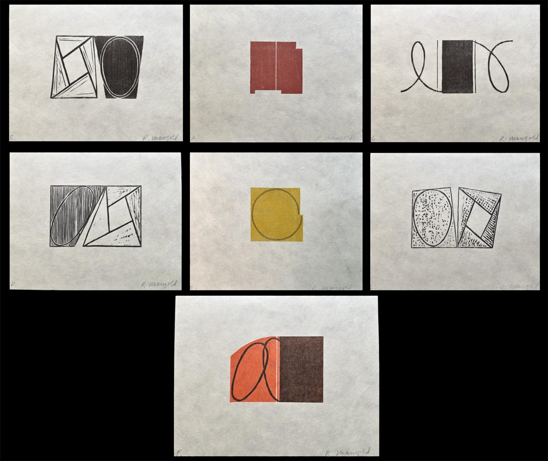 Robert Mangold Seven signed Woodcuts 1968-1998 .: Parasol Press, Ltd., New York, 2000. A complete set of seven color woodcuts by Robert Mangold on Korean Kozo paper, each with full margins, the sheets loose as issued. Accompanied by the catalogue rai