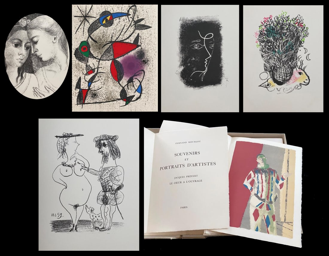 Souvenirs et Portraits d’Artistes. Prints by Giacometti, Matisse, Picasso, Miro, Chagall and: Jacques Prevert: Le Coeur a L’Ouvrage. Paris & New York: Fenand Morurlot, 1972 Alain A.C. Mazo, Paris -Leon Amiel, New York. Portfolio loose as issue, with 25 lithographs in full page, printed in wo