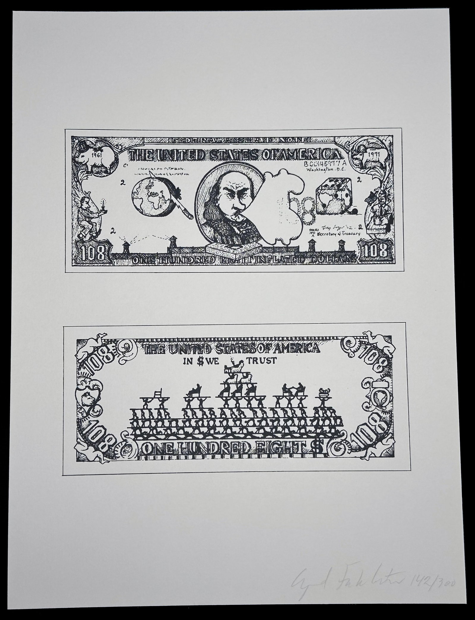Öyvind Fahlström signed Screenprint. 1973. One of 300 copies.: $108 Bill. 1973, screenprint in black and white. Sheet:12 x 9" (30.5 x 22.9cm). Signed and numbered on the bottom right. Stamped on verso Copyright 1973 By Öyvind Fahlström Printed At Styria Studio.