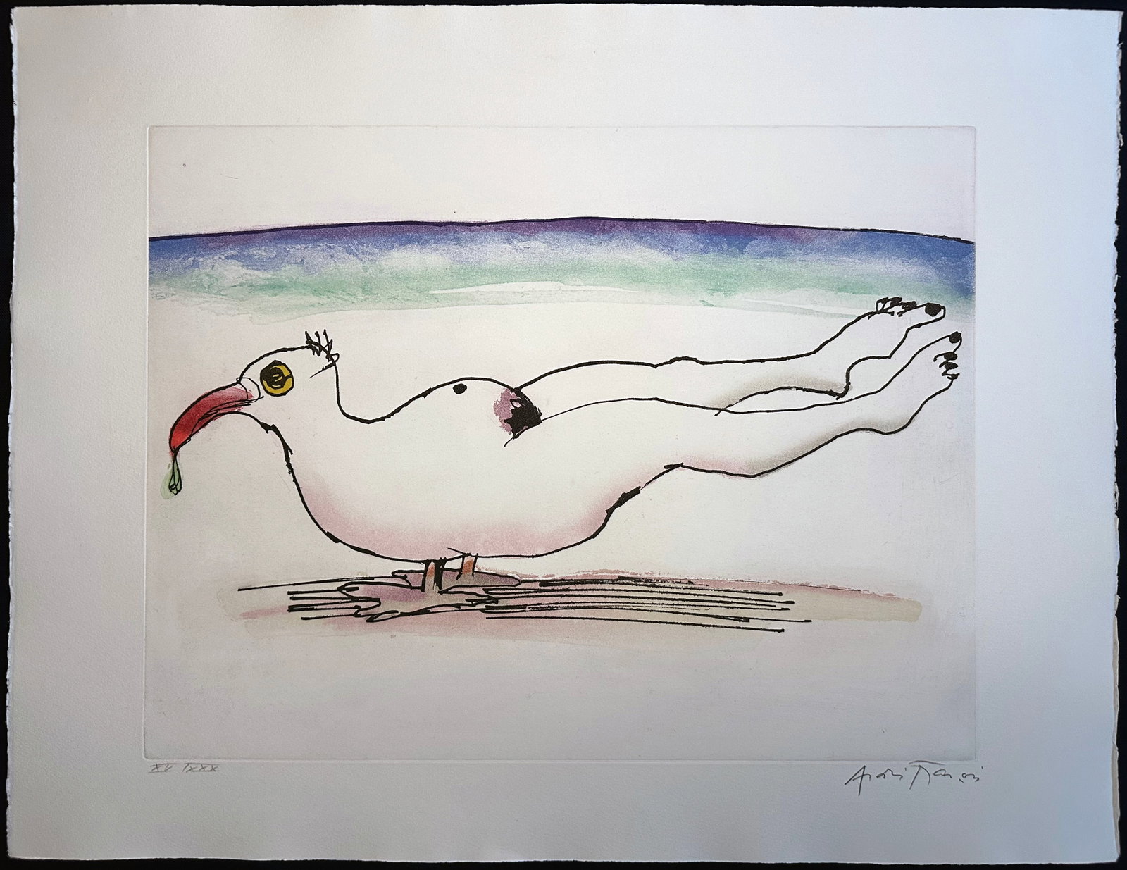 Etching by André Francois. Signed. Bonjour Max Ernst. One of 30 copies. 1976.: Etching and aquatint in colors on Arches. One of 30 copies in Roman numbers signed and numbered in pencil by the artist. Printed at Atelier George Visat in Paris, published by Éditions Georges Visat,