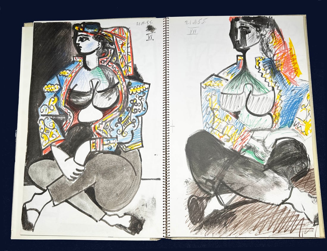 Picasso's Sketchbook, with 25 pages of prints after Picasso. 1960.: Limited Edition in Facsimile of 1000 copies. Foreword by Georges Boudaille. Harry N. Abrams, Inc. publishers, New York 1960. Facsimile of Picasso sketchbook, spiral bound in cloth pictorial folder, wi