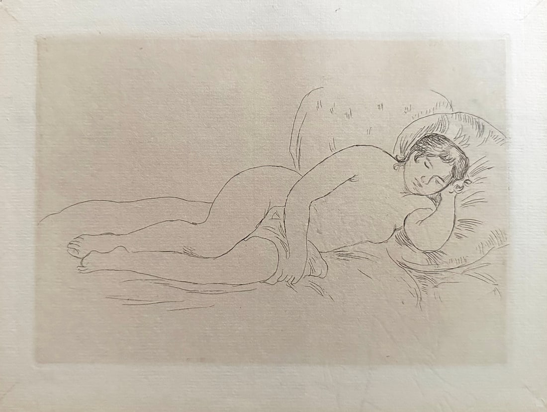 Pierre Auguste Renoir Etching. Femme Nue Couchee Tournee a droute.: Second plance, 1906. Original etching from The Impressionists 1909 Ref Stella 14