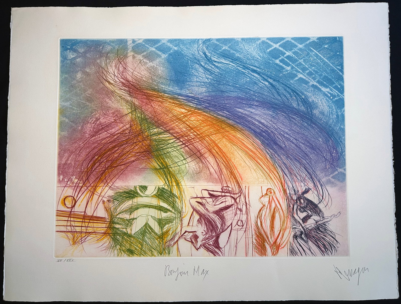 Drypoint by Jean Messagier. Signed. Bonjour Max Ernst. One of 30 copies. 1976.: Drypoint and aquatint on Arches paper. One of 30 copies in Roman number signed and numbered in pencil by the artist. Printed at Atelier George Visat in Paris, published by Éditions Georges Visat, Par