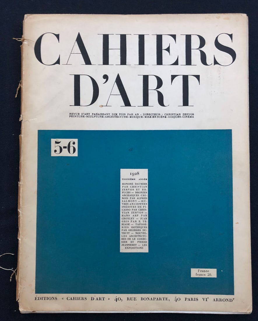 Cahiers d’Art n.5/6, 1928: Revue Cahiers d'art Paris 1928 - Troisieme Annee. Double number. This number contains several essays in French: Honore Daumier by Zervos, Original unpublished works of Picasso by Zervos, Hans Arp by