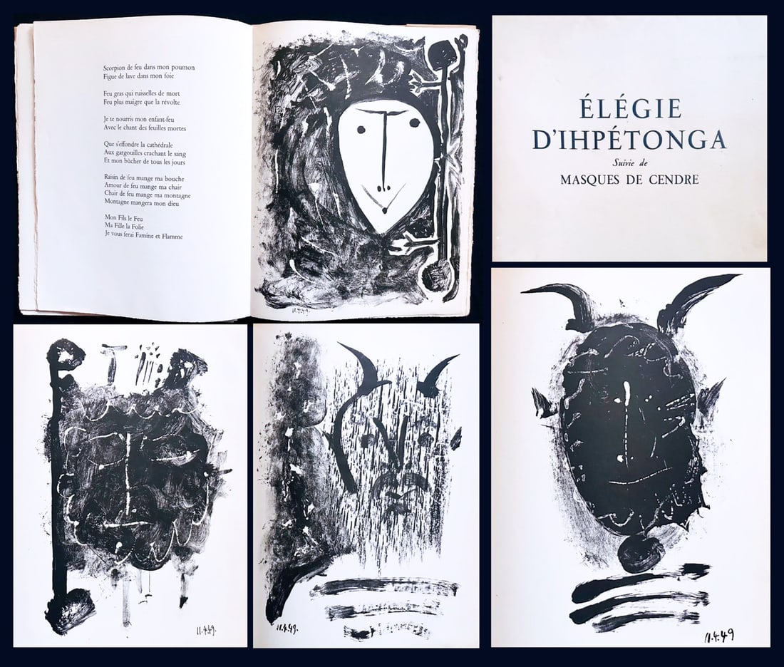Picasso, Goll. Elegie d'Ihpetonga. With 4 lithographs by Picasso. 1949.: Elegie d'Ihpetonga suive de Masques de cendre. Éditions Hémisphères, Paris 1949. Complete portfolio with 4 lithographs by Picasso and poems by Yvan Goll. Loose as issued in paper