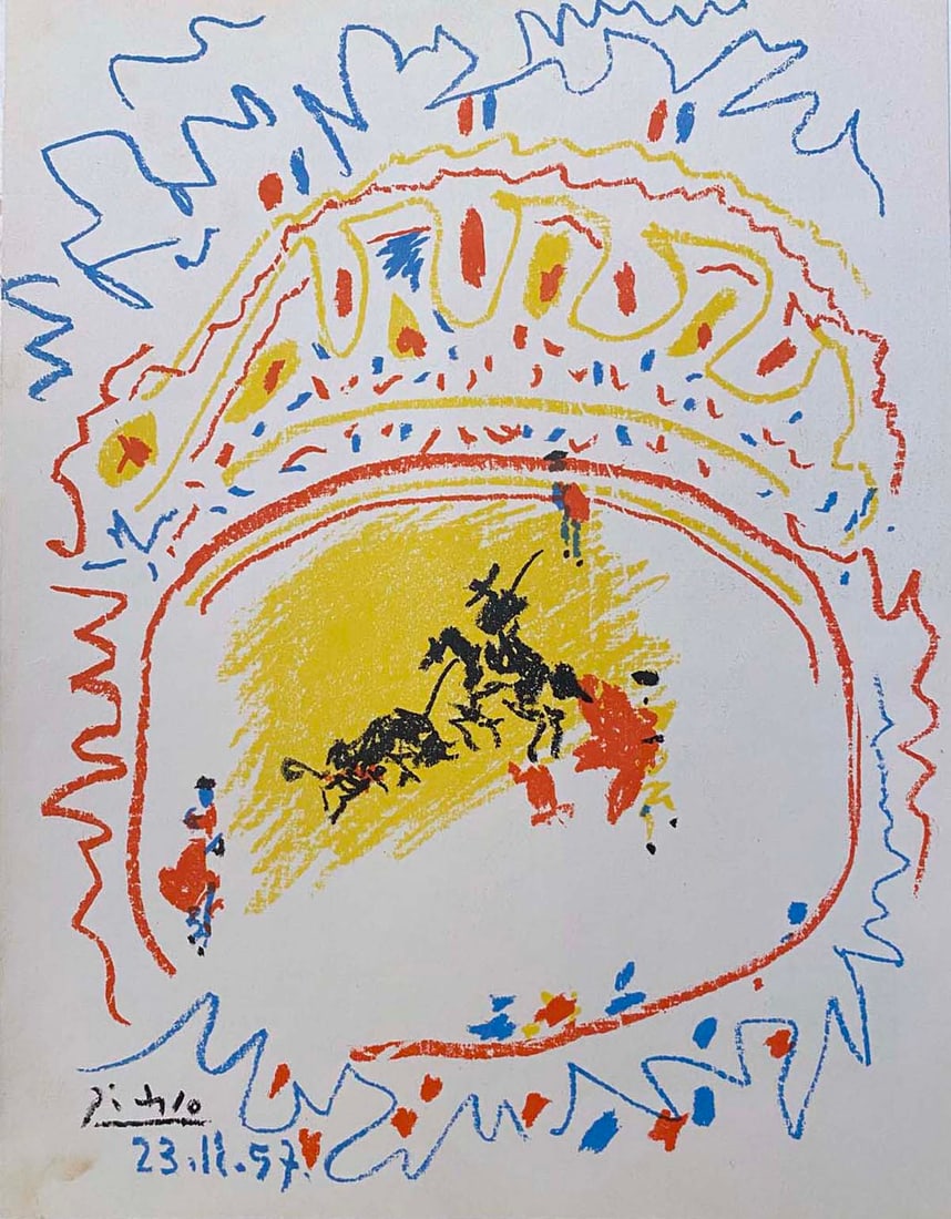 Picasso Lithograph. 1957.: Original lithograph in colors by Pablo Picasso, La petite corrida 1957. Created for XXe Siècle no 10, published by San Lazzaro, Paris, 1958. Issued in an edition of approximately 2,000 copies. Si