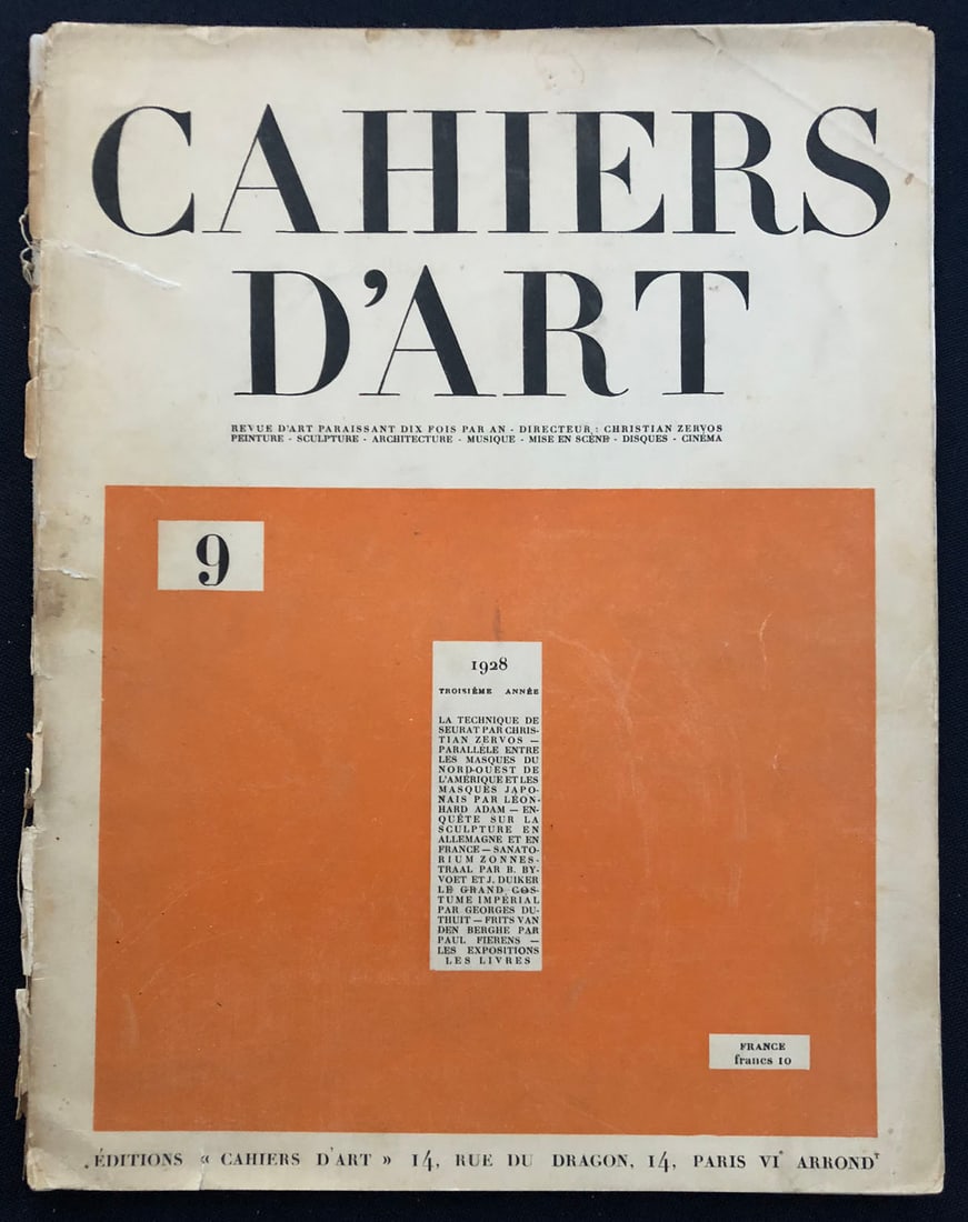 Cahiers d’Art n.9-1928: Cahiers d'art Paris 1928 - Troisieme Annee. This number contains several essays in French: The Seurat technique by Zervos, Parallel between the masks of northwestern America and the Japanese masks by