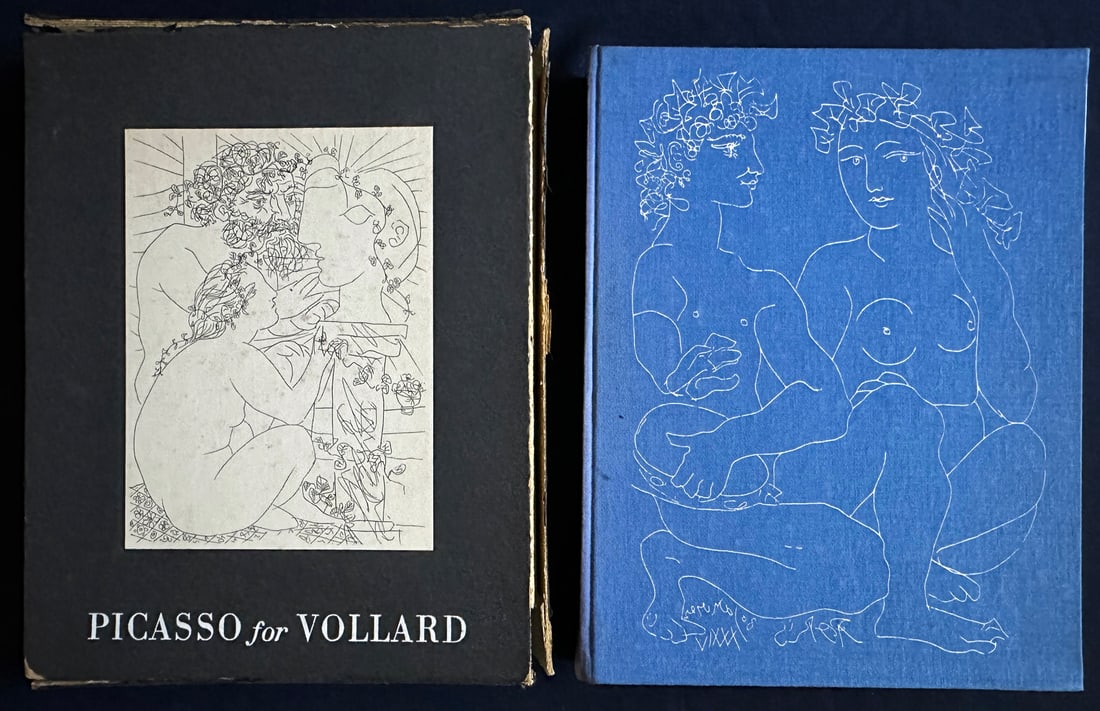 Picasso for Vollard, introduction by Hans Bolliger, 1956.: Text in English. Published by Harry MN. Abrams, Inc., New York. 22 pages of text (xxii), followed by 100 black & white plates. Light blue hardcover cloth binding. Includes black slipcase, torn. First 