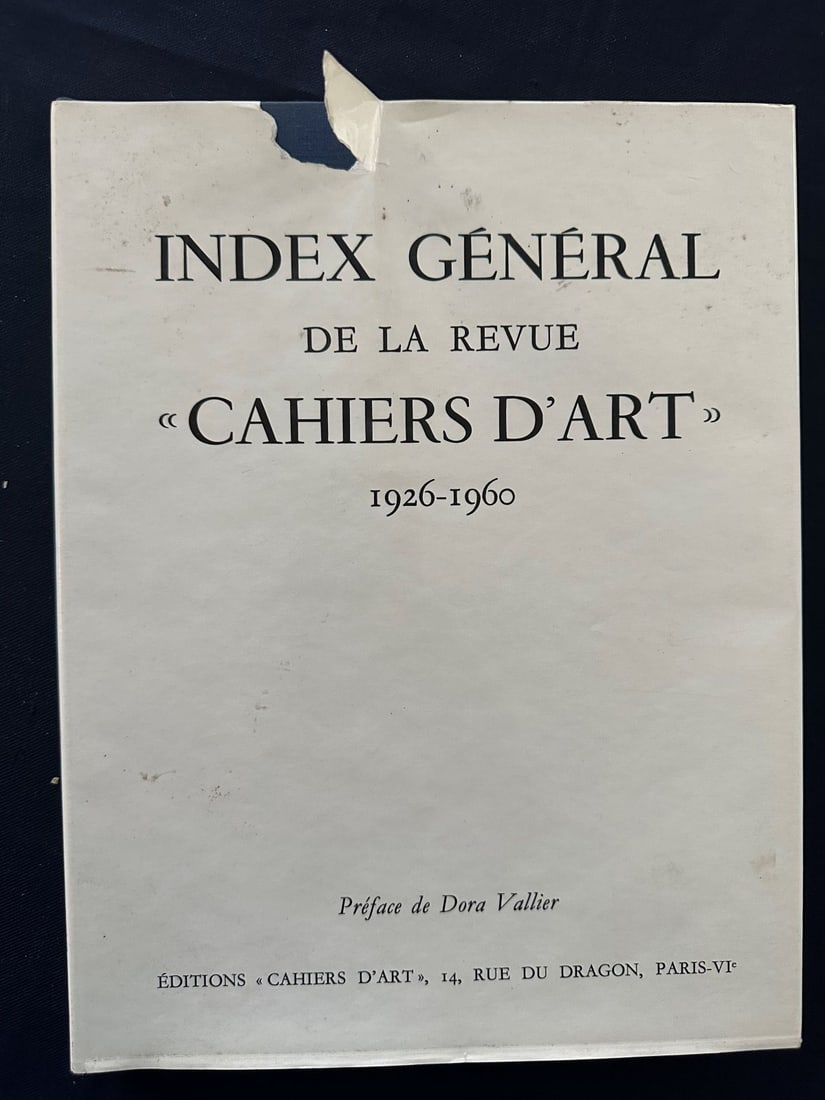 Index General de la Revue “Cahiers d’Art” 1926-1960, by Dora Vallier.: Editions Cahiers d Art, Paris. 1981. No illustrations. Hard cover, worn jacquet.