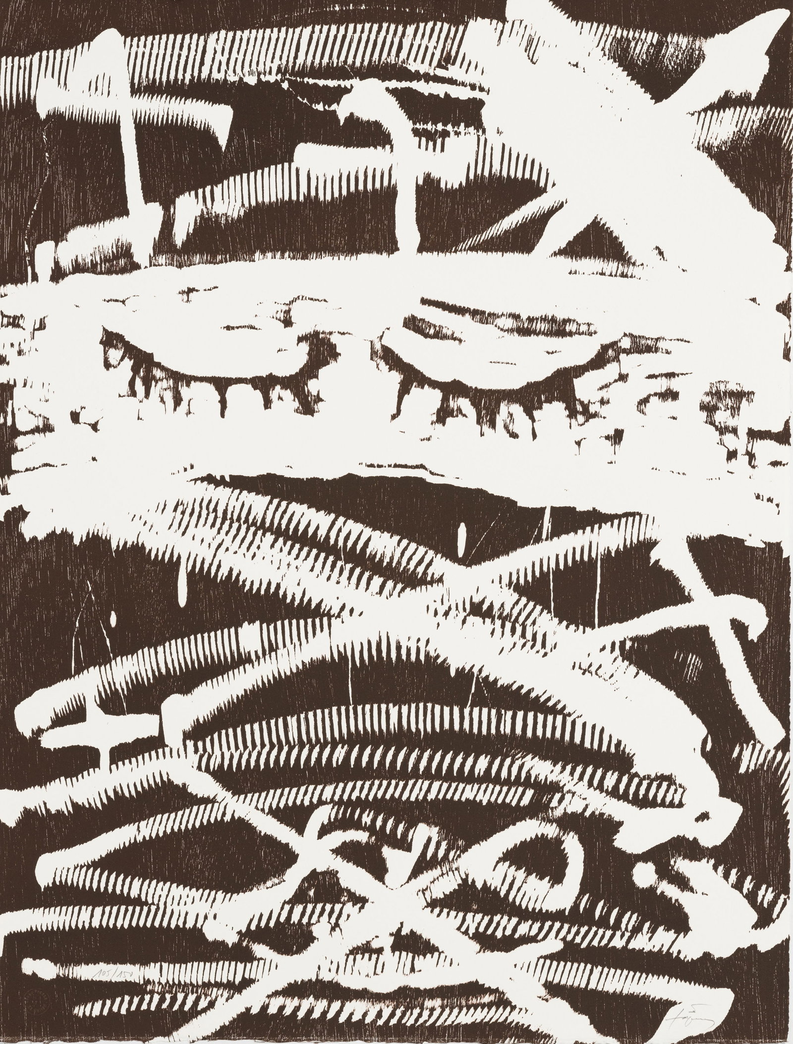 Antoni Tapies. Woodcut Signed and Numbered, from the Against torture portfolio.: Untitled, woodcut in 1 color by Anthony Tapies, printed on Arches white paper 80 x 60 cm. Signed and Numbered in pencil by the artist, one of 150 copies, published by Association for the Prevention