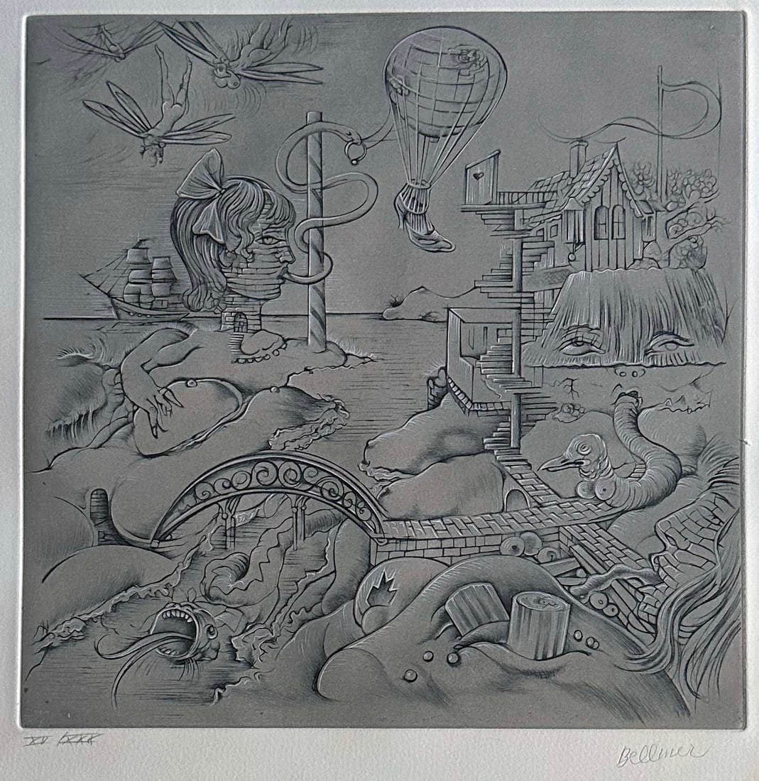 Hans Bellmer. Etching. Signed. One of 30 copies. 1976.: Etching, burin and aquatint on Arches paper. One of 30 copies in Roman numerals, signed and numbered in pencil by the artist. Printed at Atelier George Visat in Paris, published by Éditions