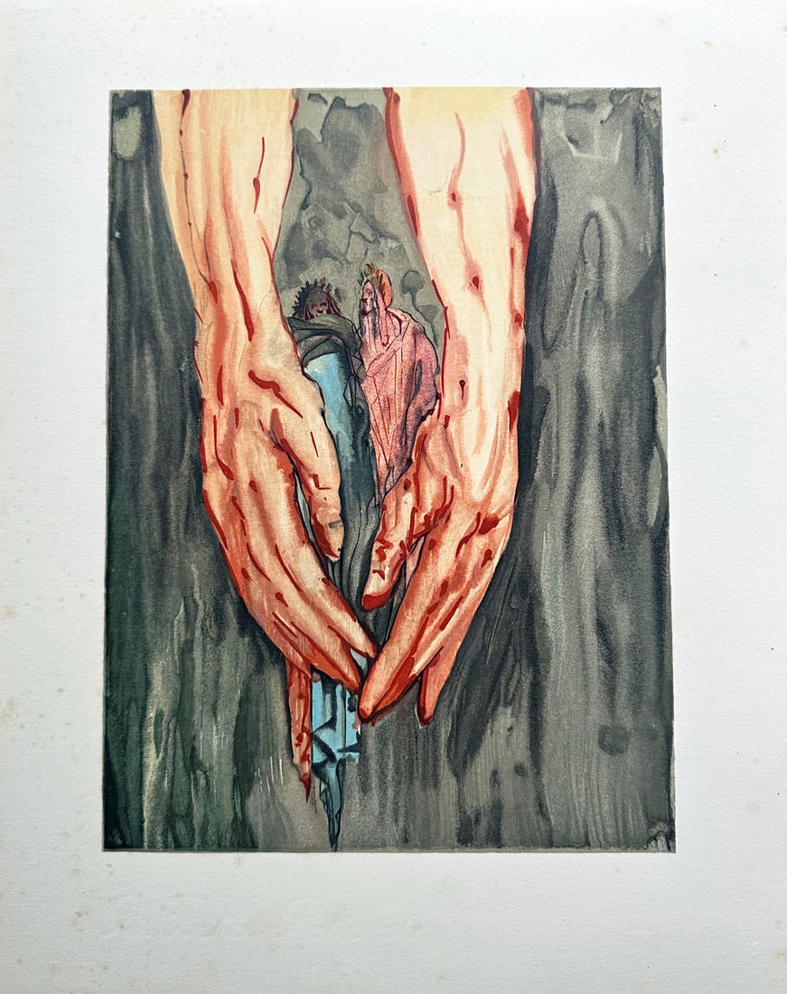 Dali. "The Mount of Geryon" Woodcut by Salvador Dali. From The Divine Comedy portfolio.: Inferno canto 16, The Divine Comedy, 1960. Woodcut on BFK Rives paper. Salvador Dali began the production of the prints for the Divine Comedy in in the 1950s. It took talented engravers almost four