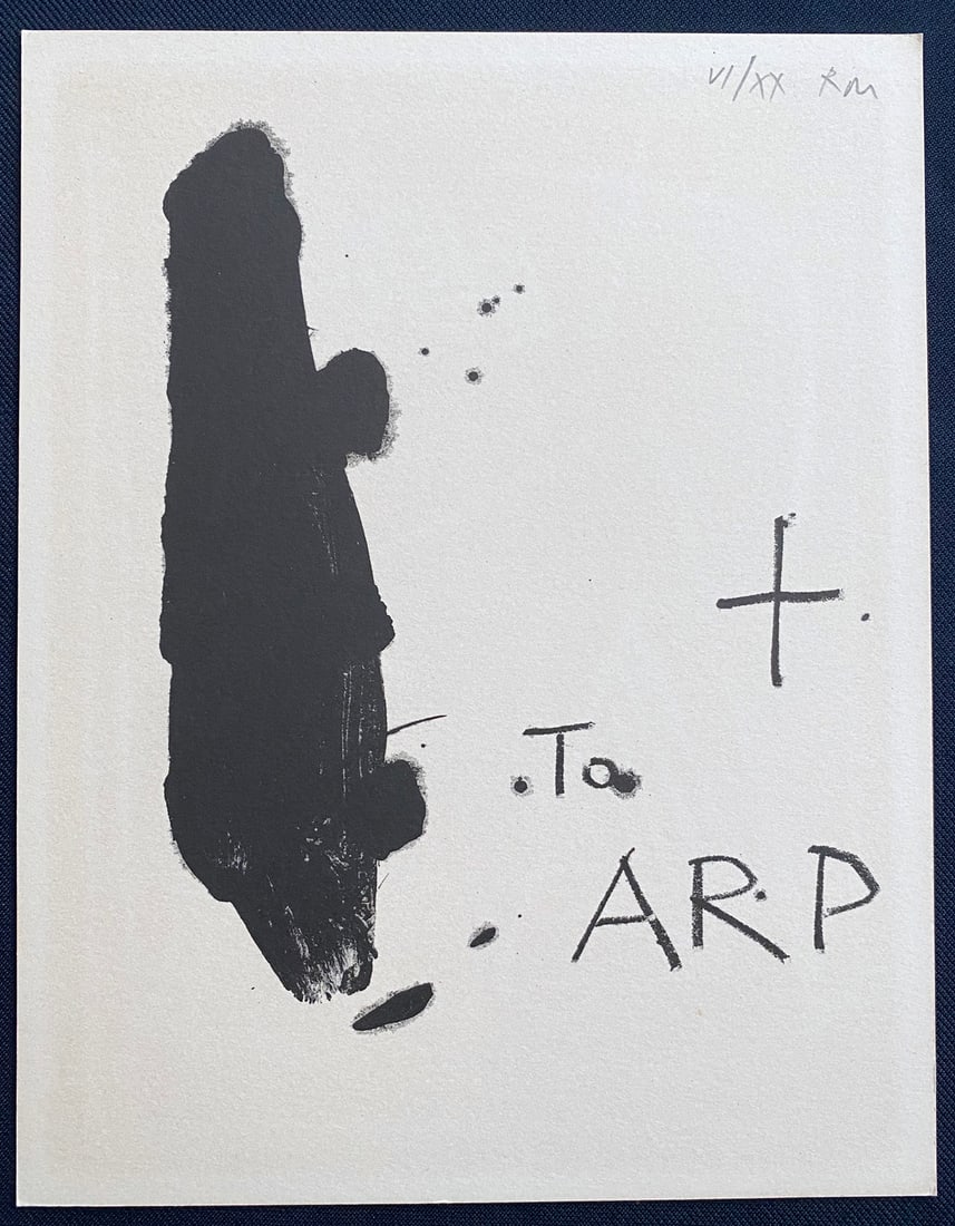 Robert Motherwell signed and numbered Lithograph. 1966. One of twenty copies.: To Arp. Lithograph in black by Robert Motherwell. Signed and numbered in pencil by the artist. Part of the portfolio Hommage a Hans Arp, St Gallen, Galerie im Erker, 1966/67. 6 ¾ x 9 inch Ref: En