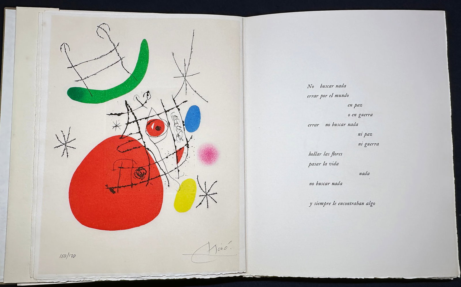 Miro. El Inocente. Paris, 1974. With two signed color etchings.: Joan Miró, Xavier Domingo El Inocente. R.L.D (Robert Lydie Dutrou) Paris, 1974. 4to. Loose gatherings in original Auvergne Richard‑de‑Bas printed wrappers, housed in the original oliv