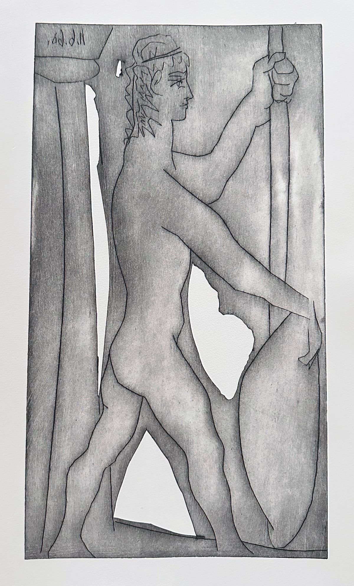 Picasso. VIII Pythique. With four original etchings, PAB 1960, one of 44 copies: P.A. Benoit, Ale, Paris 1960. Translation by Jean Beaufret. Eight Pythian Ode portfolio, Complete with four original etchings by Picasso, of which one mounted on the cover wrapper. Loose as issued,