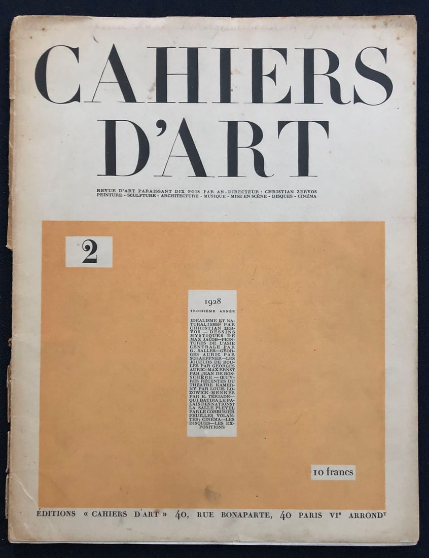 Cahiers d’Art N.2, 1928.: Cahiers d'art Paris 1928 - Troisieme Annee. This number contains several essays in French by Zervos, Max Jacob, Georges Salles and others. Contemporary articles on art, architecture, cinema, etc.: