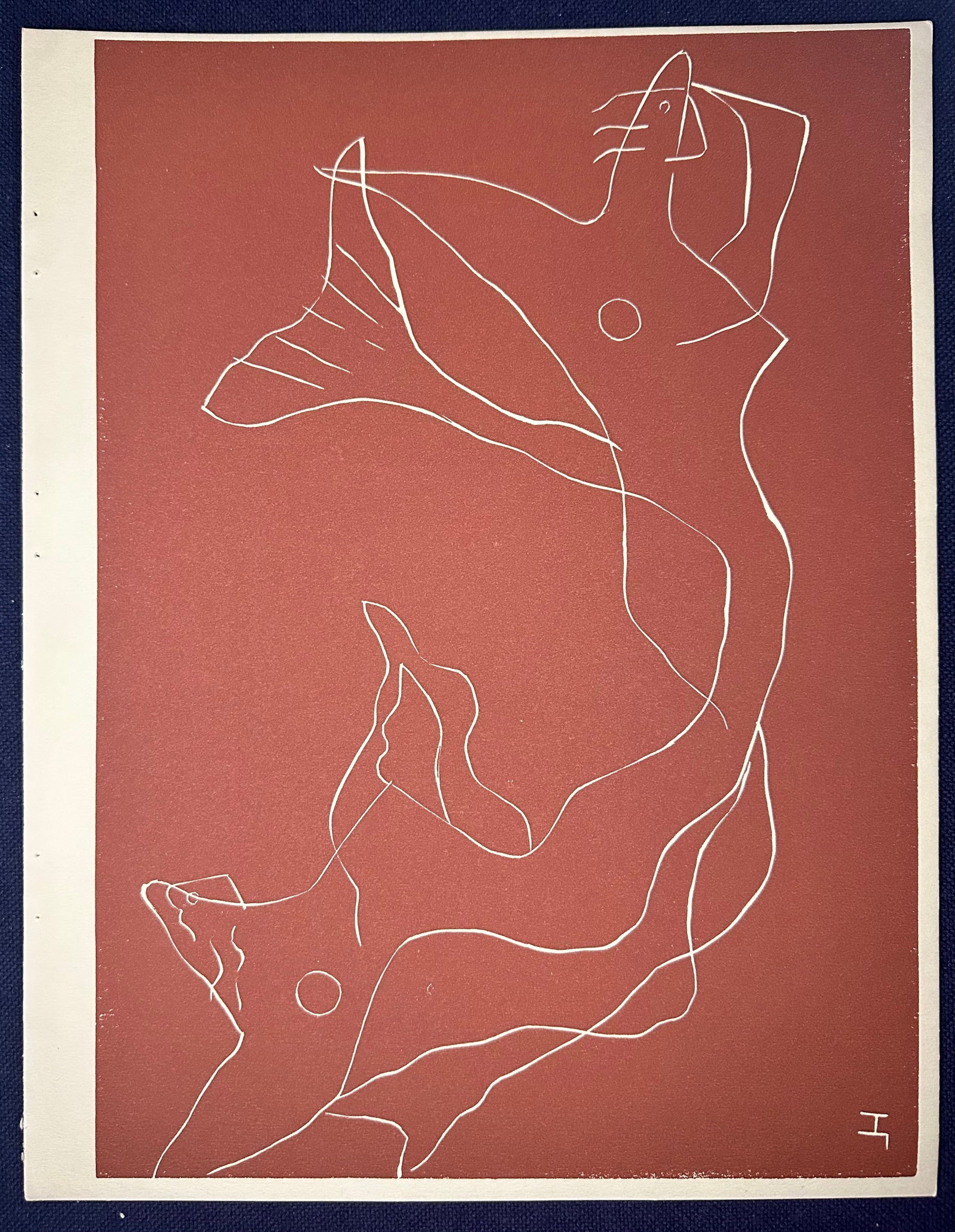Laurens Linocut. 1959.: Linocut with brown background on wove paper, monogrammed in plate Vy Laurens. Originally made in 1938 for the French art magazine XXe Siecle n.4 - This edition comes for the French art magazine XXe