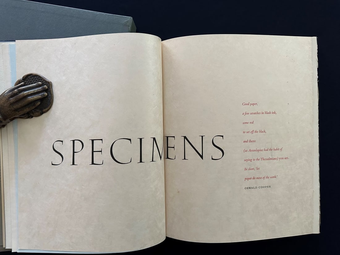 Specimens: a Stevens-Nelson paper catalogue, by Oswald Cooper, 1953.: Catalogue presented to Admasters Advertising, Inc, with the compliments of The Barton, Duer & Koch Paper Co. Frontispiece of watermarked handmade paper. It contains 107 specimen leaves, each of