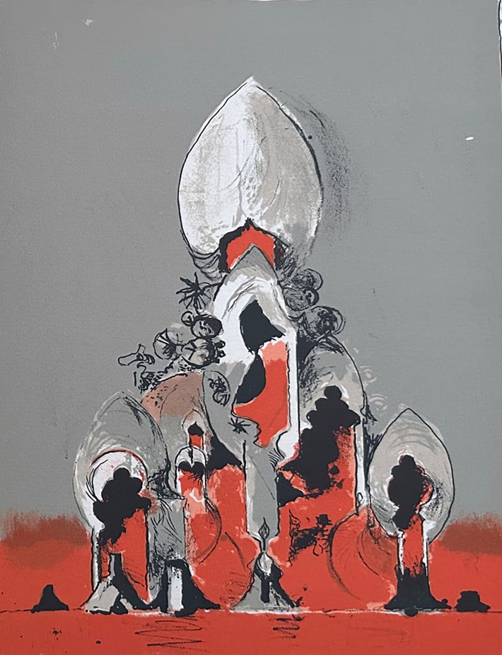 Graham Sutherland Original Lithograph. 1975. One of 575 copies.: Original lithograph in color by Graham Sutherland. Printed in Arches wove for the portfolio "San Lazzaro et ses amis", honoring Gualtieri di San Lazzaro founder of the art review Xxe Siecle, published