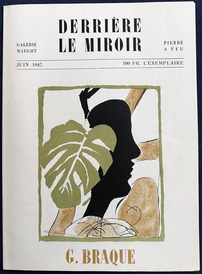 Derrière le Miroir 4. Braque. 1947.: Braque, June 1947. 1 original lithograph in color on the cover, and 5 reproductions in B/W by Braque , texte by R. Char and J. Kober – 1st edition