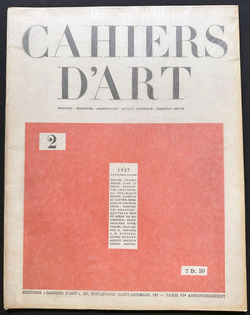 Cahiers d’Art n.2 1927.: Cahiers d'Art, Paris 1927. Deuxieme Annee. This number contains several essays in French: Renoir by Zervos, Picasso’s latest drawings by Cassou, De La Serna by Teriade etc. Illustrated