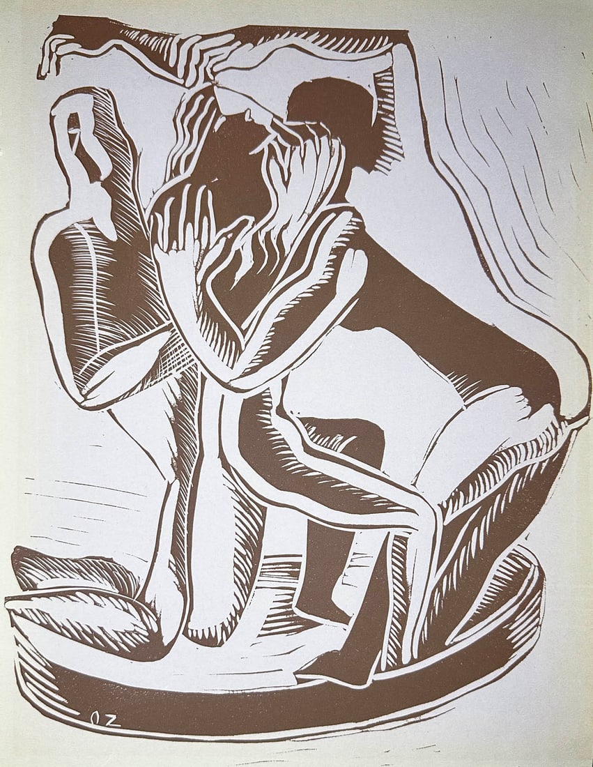 Ossip Zadkine Linocut. 1938.: Linocut in brown on wove paper, monogrammed in plate O Z. This linocut was especially made by Zadkine for the Christmas 1938 issue of the art review XXe Siecle 4, created and published by Gualtieri