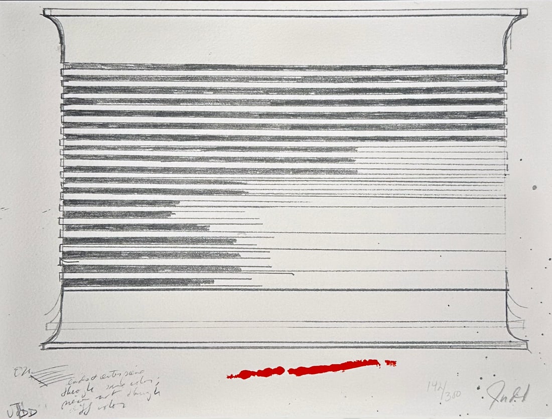 Donald Judd signed lithograph. 1973. One of 300 copies.: Untitled. Color lithograph and screenprint signed and numbered by Judd in pencil on lower right. Stamped on verso Copyright 1973 By Donald Judd Printed At Styria Studio. Limited edition of 300