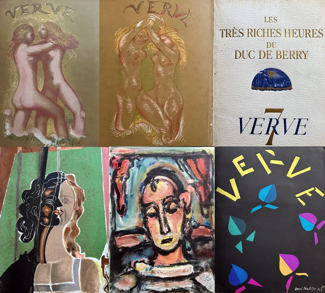 Verve 5/6-7-8. 1939-1940. Braque, Matisse, Leger and others: Three issues of the Vintage French Artistic Magazine VERVE 1939-1940 All bound together in a decorated cloth over board cover, with original covers preserved inside. Covers illustrated by Henri Matiss
