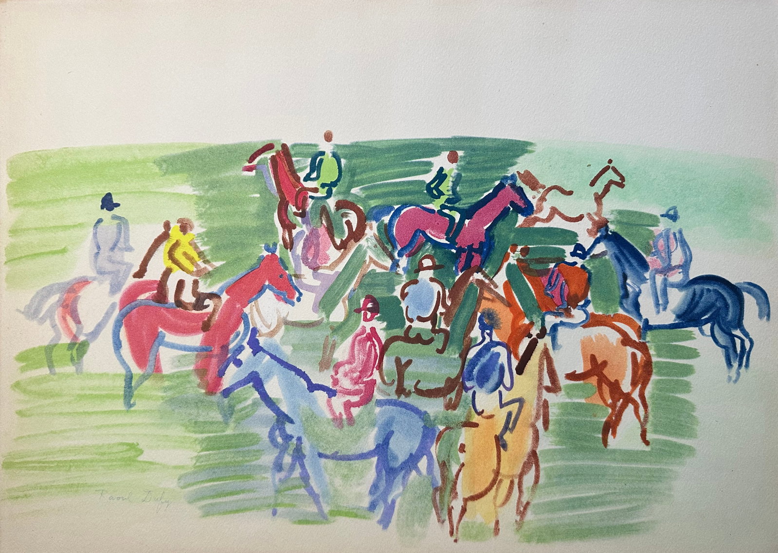 Raoul Dufy Pochoir. 1959.: Paddock. Color pochoir signed in plate, on wove paper after Raoul Dufy, exsecuted by Daniel Jacomet. One of 1,000 copie from the portfolio Douze Contemporains, Paris 1959. 18 x 13in.