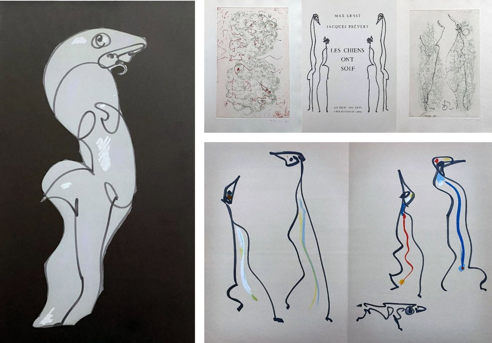 Ernst, Max. Les chiens ont soif. With two signed etchings. 1964.: Paris, Au Pont des Arts, (1964). Jaques Prevert text illustrated by Max Ernst with 2 original etchings in color signed in pencil, and 25 lithographs in color in full page. Limited numbered edition in