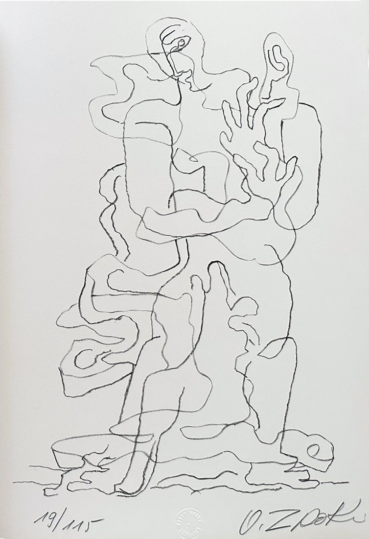 Ossip Zadkine. Signed Lithograph. 1978. One of 115 copies.: Lithograph in black by Ossip Zadkine. Signed and numbered in pencil by the artists, with the dry seal of Elkon press at the bottom center. One of 115 numbered in Arabic numerals in Rives paper. Publis