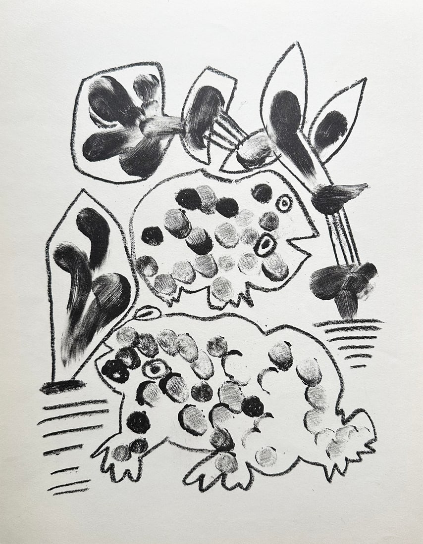 Picasso Lithograph. 1950. One of 350 copies.: Paris, 1950. Lithograph by Pablo Picasso from De Memoire d’homme, rare illustrated book limited to 350 copies. Printed at the Mourlot Press in Paris. Illustration of two frogs and plant