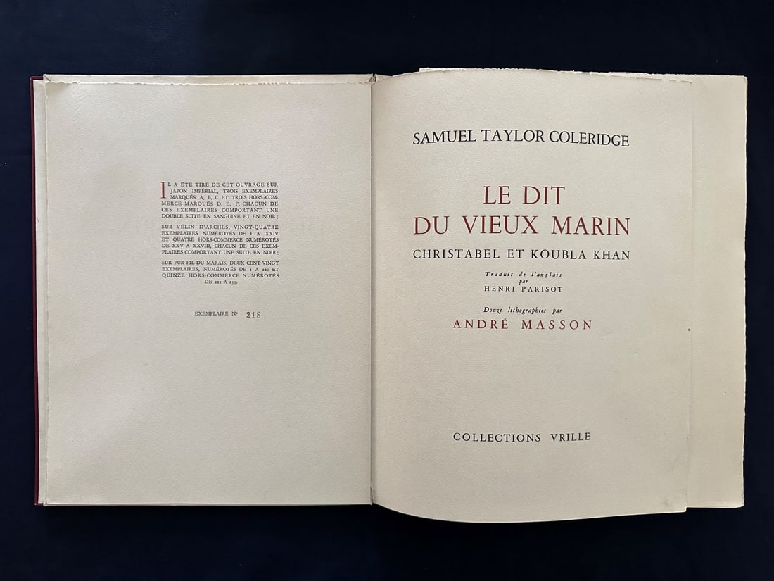 Le Dit du Vieux Marin, by Samuel Taylor Coleridge, 1948.: Christabel et Koubla Khan, Collections Vrille, translated from English to French by Henri Parisot. With 12 lithographs by André Masson. Loose in original printed wrappers, preserved in the
