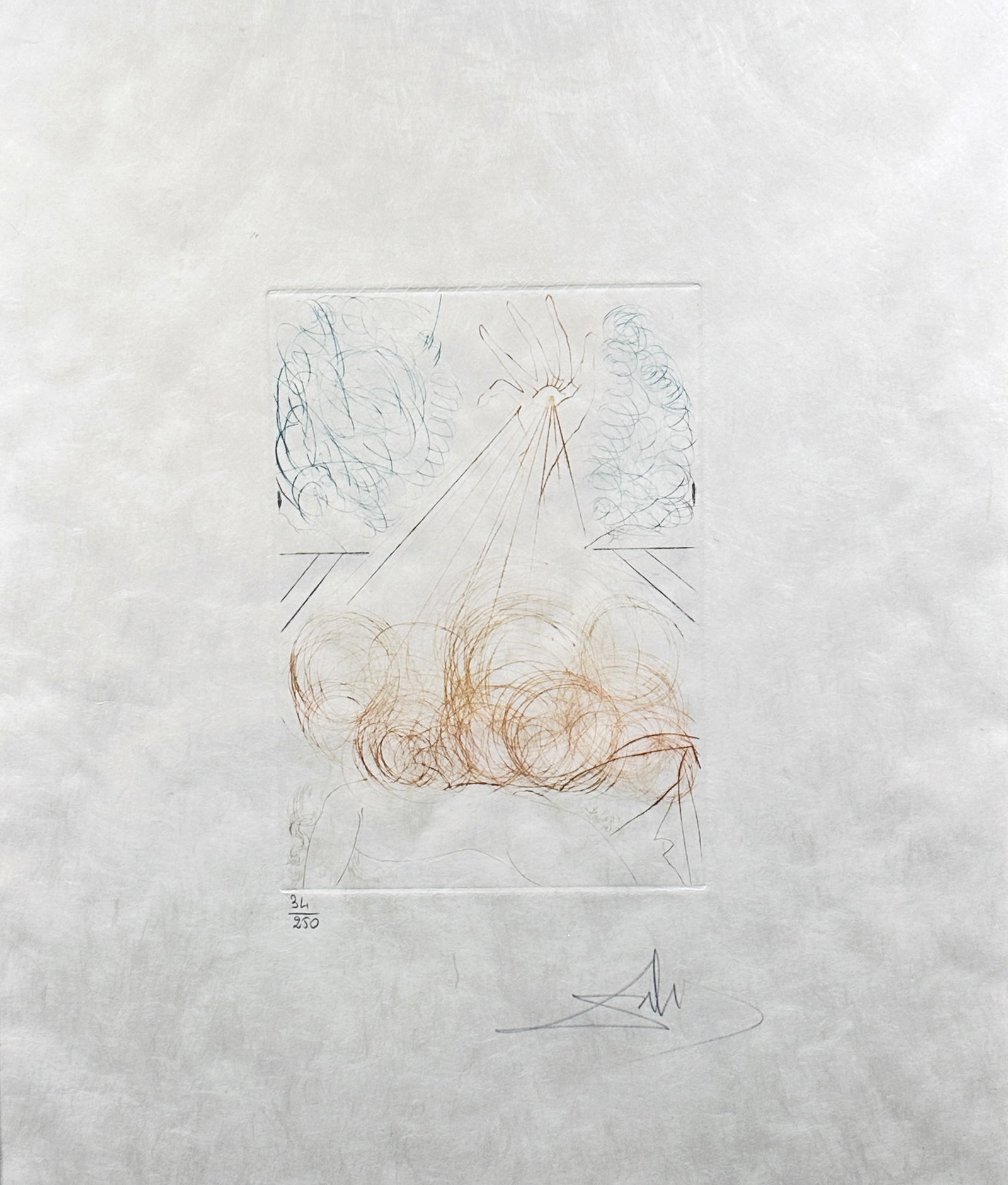 Dali signed and numbered drypoint, 1968.: Cymbeline. From 1968 suite of drypoints Dali made which illustrates Shakespeare’s Much Ado About Nothing. Printed by Ateliers Rigal, Fontenay-aux-Roses. Published by Werbungs-und Commerz Union A