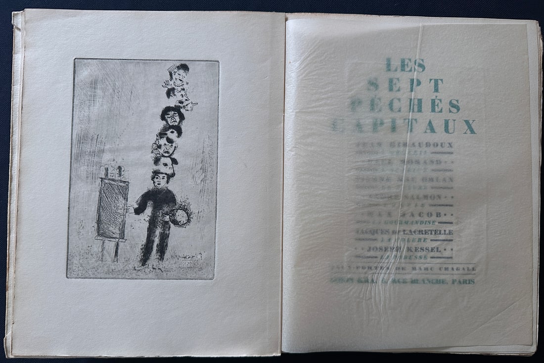 Chagall Les Sept Peches Capitaux. 1926 with 15 etchings by Chagall: Simon Kra Paris, 1926. The seven deadly sins, illustrated with 15 original etchings by Marc Chagall, to accompany the texts of Jaen Giraudoux, Paul Morand, Pierre Mac Orlan, Andre Salmon, Max Jacob, J