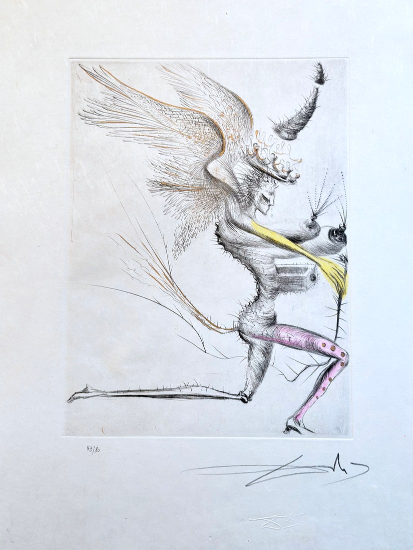Dali Signed etching. 1972. One of 80 copies.: Berlin, Propylaen Verlag, 1972. Original etching printed on Japan paper from the portfolio Nach dem Surrealismus. Signed and numbered by the artist. One of 80 numbered copies. Printed by Typographie G