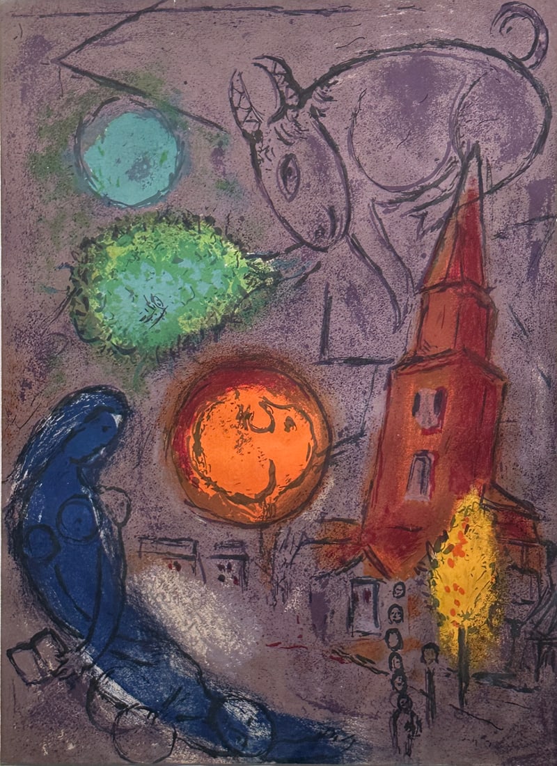 Marc Chagall Saint Germain de Press Lithograph: Chagall Lithos from DLM 66/68. San Germain de Press. Framed.